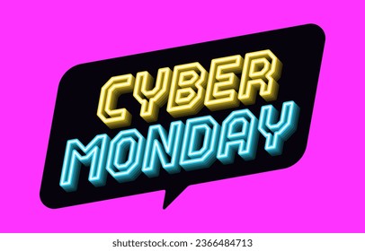 Neon banner of Cyber Monday Sale. Outline neon italic text Cyber Monday with inclined bubble frame. Yellow blue text tag template for social media banners and digital ad. Vector illustration