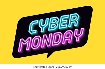 Neon banner of Cyber Monday Sale. Outline neon italic text Cyber Monday with inclined bubble frame. Blue purple text tag template for social media banners and digital ad. Vector illustration