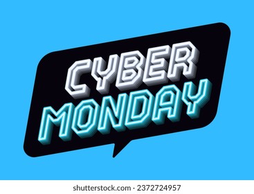 Neon banner of Cyber Monday Sale. Outline neon italic text Cyber Monday with inclined bubble frame. White blue text tag template for social media banners and digital ad. Vector illustration