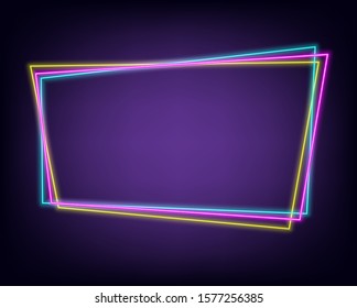 Neon banner design 3 border color. Pink, Sky blue, yellow on dark purple background. Vector Illustrator.