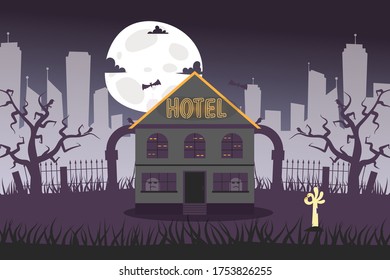 Neon banner gloomy hotel near abandoned cemetery vector illustration. Dark haunted house, eyes in windows. Hotel lettering illumination under building roof. Full moon in night sky.