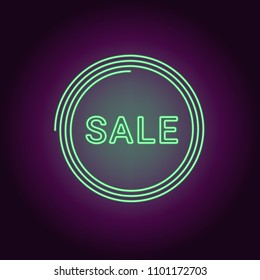 Neon banner of green Sale badge. Vector illustration of green Neon Sale Offer consisting of neon outlines and spiral frame, with backlight on the dark background