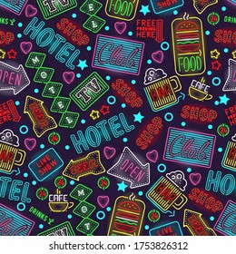 Neon banner, illumination design, various signs vector illustration. Open shop, hotel, club and live show bright advertising pattern. 24-hour cafe, motel, drinks, live show and bar.