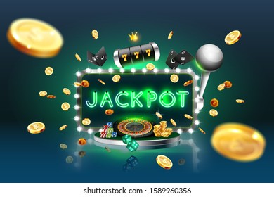 A neon banner is a jackpot surrounded by casino attributes: roulette, playing cards, slot machine, against the background of spotlights and an explosion of gold coins. Vector illustration