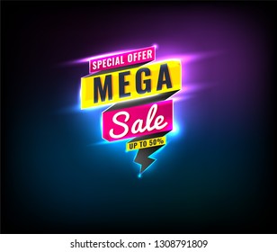 Neon banner Memphis style with geometric shapes. up to 50% off. Sale background template create by vector