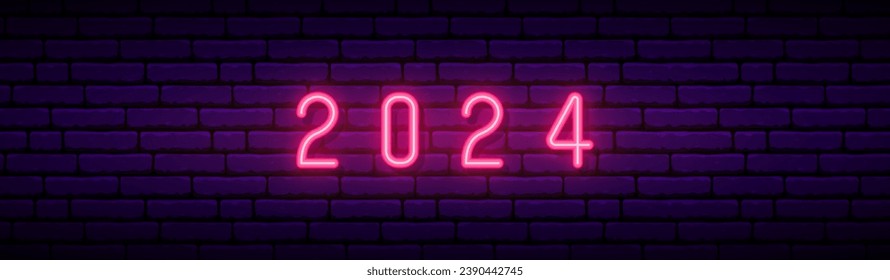 Neon banner with numbers 2024. New year neon red numbers. Design for web header or website.