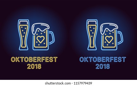 Neon banner of Oktoberfest holiday in blue and yellow color. Vector illustration of Glass with Beer and Mug with Beer in neon style. Holiday poster of Oktoberfest 2018