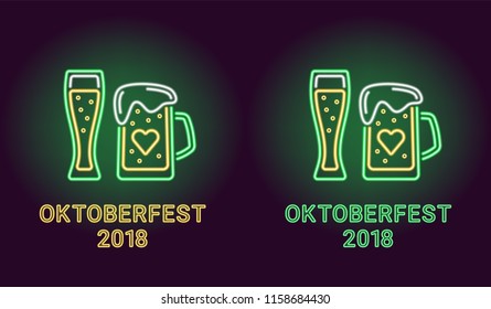 Neon banner of Oktoberfest holiday in green and yellow color. Vector illustration of Glass with Beer and Mug with Beer in neon style. Holiday poster of Oktoberfest 2018