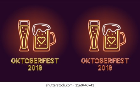 Neon banner of Oktoberfest holiday in orange and yellow color. Vector illustration of Glass with Beer and Mug with Beer in neon style. Holiday poster of Oktoberfest 2018