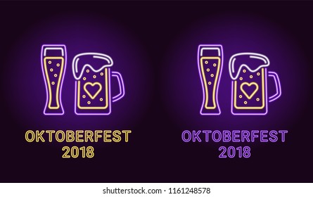 Neon banner of Oktoberfest holiday in violet and yellow color. Vector illustration of Glass with Beer and Mug with Beer in neon style. Holiday poster of Oktoberfest 2018