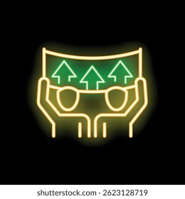 Neon banner showing two people holding a big banner with three growth up arrows