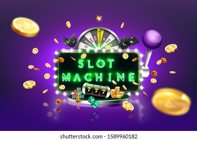 Neon banner is a slot machine surrounded by casino attributes: playing cards, playing chips, wheel of fortune, against the background of spotlights and an explosion of gold coins. Vector illustration