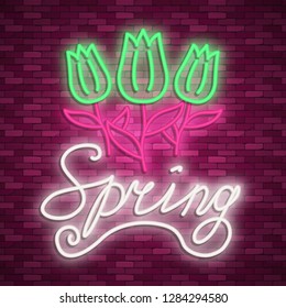 Neon banner spring. Stock vector. Poster for a spring party.