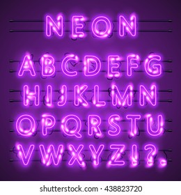 Neon banner text. Neon font city color purple, Alphabet font. Vector illustration