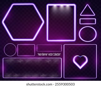 Neon banner vector collection featuring glowing purple neon shapes including hexagon, rectangle, triangle, circle, heart, and other frames on dark transparent background.