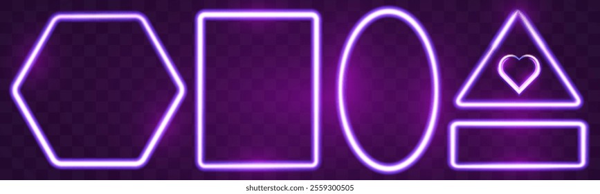 Neon banner vector collection featuring glowing purple neon shapes including hexagon, rectangle, triangle, circle, heart, and other frames on dark transparent background.