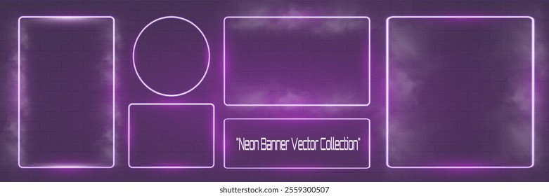 Neon banner vector collection featuring glowing purple neon shapes including hexagon, rectangle, triangle, circle, heart, and other frames on dark transparent background.