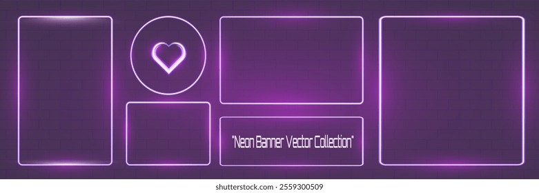 Neon banner vector collection featuring glowing purple neon shapes including hexagon, rectangle, triangle, circle, heart, and other frames on dark transparent background.