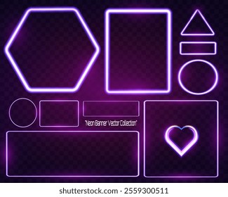 Neon banner vector collection featuring glowing purple neon shapes including hexagon, rectangle, triangle, circle, heart, and other frames on dark transparent background.