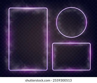 Neon banner vector collection featuring glowing purple neon shapes including hexagon, rectangle, triangle, circle, heart, and other frames on dark transparent background.