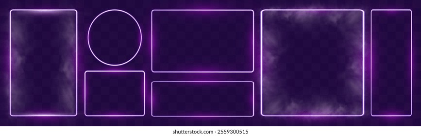 Neon banner vector collection featuring glowing purple neon shapes including hexagon, rectangle, triangle, circle, heart, and other frames on dark transparent background.