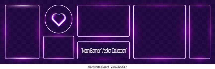 Neon banner vector collection featuring glowing purple neon shapes including hexagon, rectangle, triangle, circle, heart, and other frames on dark transparent background.