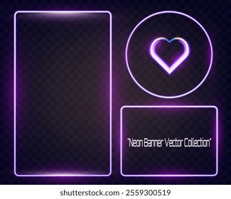 Neon banner vector collection featuring glowing purple neon shapes including hexagon, rectangle, triangle, circle, heart, and other frames on dark transparent background.