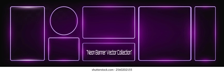 Neon banner vector collection featuring glowing purple neon shapes including hexagon, rectangle, triangle, circle, heart, and other frames on dark transparent background.