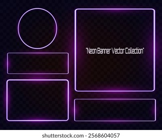 	
Neon banner vector collection featuring glowing purple neon shapes including hexagon, rectangle, triangle, circle, and other frames on dark transparent background.	