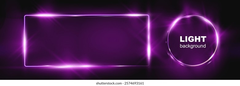 Neon banner vector collection featuring glowing purple neon shapes including hexagon, rectangle, triangle, circle, and other frames on dark transparent background.