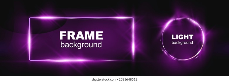 Neon banner vector collection featuring glowing purple neon shapes including hexagon, rectangle, triangle, circle, and other frames on dark transparent background.	