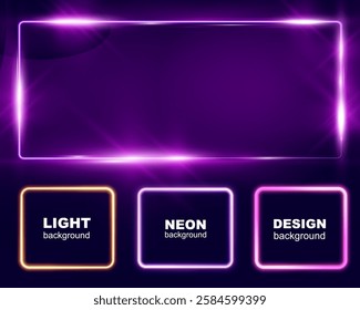 Neon banner vector collection featuring glowing purple neon shapes including hexagon, rectangle, triangle, circle, and other frames on dark transparent background.