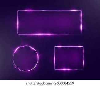 	
Neon banner vector collection featuring glowing purple neon shapes including hexagon, rectangle, triangle, circle, on dark transparent background.