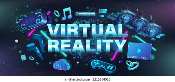 Neon banner virtual reality with elements VR - Virtual reality glasses, controllers, social media elements, game joystick, video card, cloud service. Concept VR, AR, metaverse, games. 3D vector banner