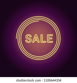 Neon banner of yellow Sale badge. Vector illustration of yellow Neon Sale Offer consisting of neon outlines and spiral frame, with backlight on the dark background