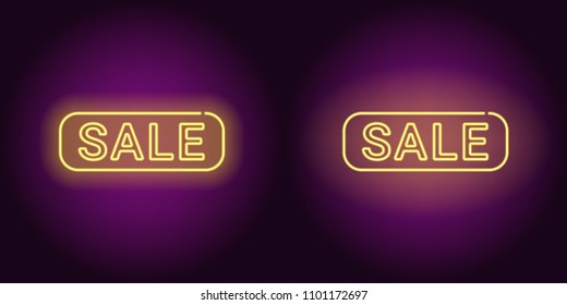 Neon banner of yellow Sale badge. Vector illustration of yellow Neon Sale Offer consisting of neon outlines and rectangular frame, with backlight on the dark background