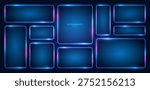 Neon banners. A large set of rectangular neon frames of different sizes with glowing effects and lighting. Futuristic modern neon glowing banners. Vector EPS 10.