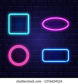 Neon banners set. Color neon frames on brick wall. Realistic glowing night signboard. Shining neon effect. Night bright advertising. Vector illustration.