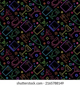 Neon bar beverage menu seamless pattern vector. Pub alcoholic and non-alcoholic drink in glass and cup. Coffee and tea, beer and cocktail for resting and enjoying flat cartoon illustration