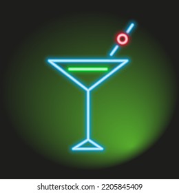 Neon bar drink shape, vector illustration, nightlife symbol and sign, illustration of cocktail, neon tube border line, neon electric light style.