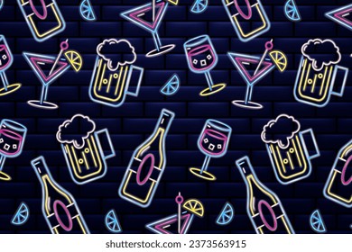 Patrón de barras de neón. Cerveza, tequila, botellas y vino, sobre un fondo de pared de ladrillo. Ilustración vectorial adecuada para bares, pubs, restaurantes, negocios y eventos de happy hour