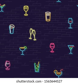 Neon bar pattern with cocktails. Night illuminated image for postcard or social media image. Colorful icons on brick wall.