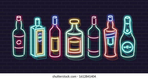 Neon bar shelf bottles icon set. Beverages for classic coctails. Glowing illustration for bar, liquor shop, isolated icons for menu. Whisky, tequila, gin, champagne and more.