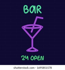 Neon bar sign on brick wall background. Vintage typography design. Glowing purple neon light. Vintage advertising banner. Lettering vector illustration. Night club party poster. Martini glass.