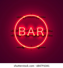 Neon bar signboard city color red. Vector illustration