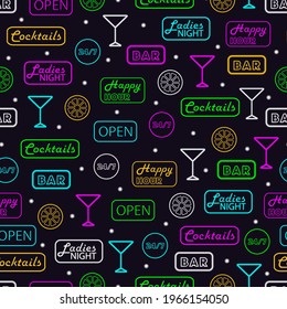 Neon bar signs cocktail party inspired night pattern. Vector seamless pattern design for textile, fashion, paper, packaging, wrapping and branding