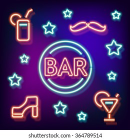 Neon Bar symbols. Retro label bar shoe, a mustache and a cocktail. Burning a pointer to a black wall in a club, bar or cafe. Design element for your ad, signs, posters, banners. Vector illustration