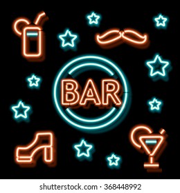 Neon Bar symbols. Retro label bar shoe, a mustache and a cocktail. Burning a pointer to a black wall in a club, bar or cafe. Design element for your ad, signs, posters, banners. Vector illustration