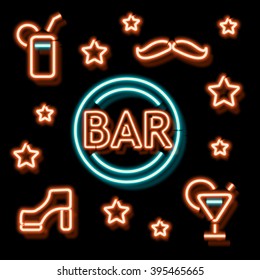 Neon Bar symbols. Retro label bar shoe, a mustache and a cocktail. Burning a pointer to a black wall in a club, bar or cafe. Design element for your ad, signs, posters, banners. Vector illustration