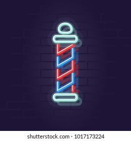 Neon barbershop pole sign. Night illuminated street hair saloon sign. Vintage and retro for trendy grooming. Isolated line art style illustration on brick wall background.